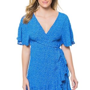 Beach Gold Blue/White Polka Dot Wrap Dress. NWT